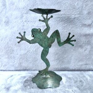 Whimsical Frog Candle Holder Verdigris Metal Decor Pillar Stand Patio Sunroom